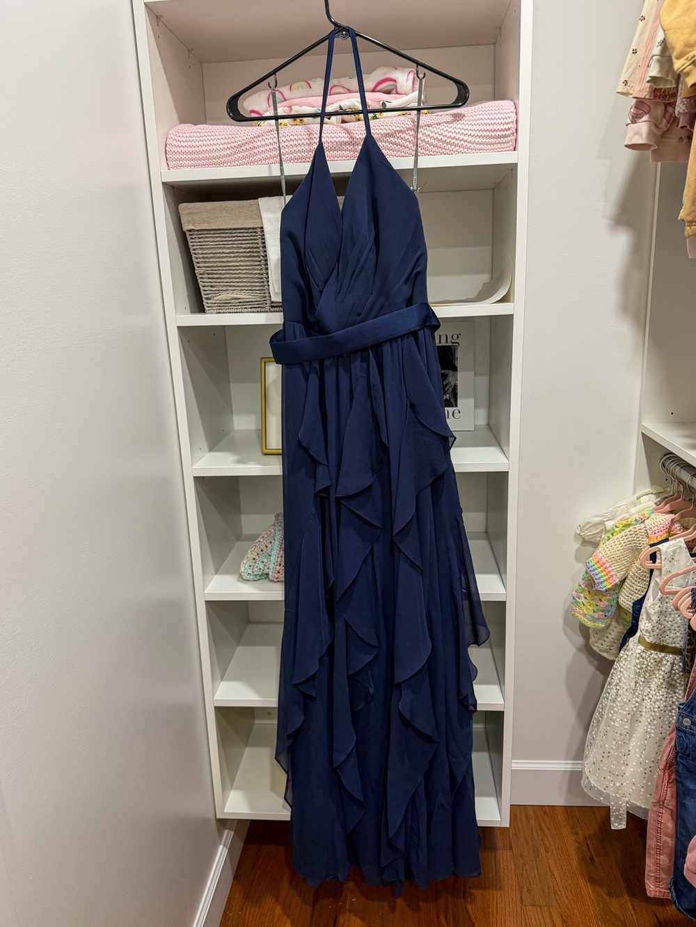 White by Vera Wang Navy Blue Halter Ruffled Chiffon Maxi Dress, Size 6, NWG